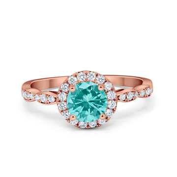 Art Deco Engagement Ring Round Rose Tone, Simulated Paraiba Tourmaline CZ 925 Sterling Silver